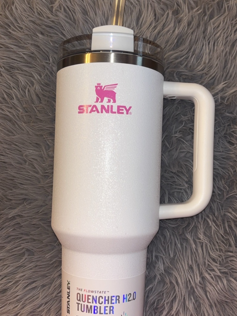 Stanley White Tumbler with Pink Logo and Handle